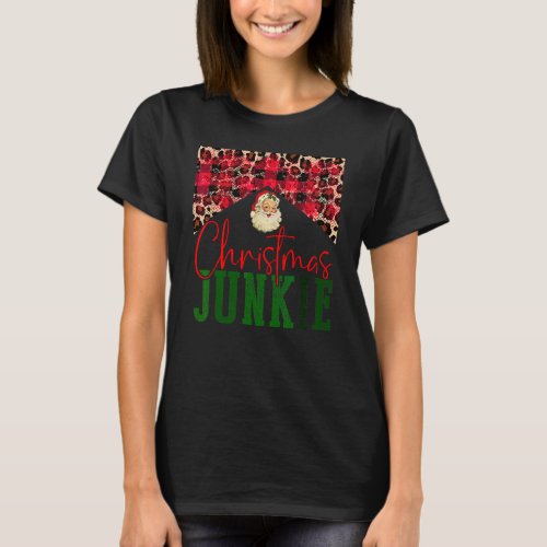 Leopard Buffalo Plaid Christmas Junkie Santa Claus T-Shirt
