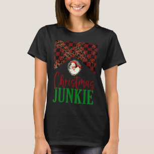 Leopard Buffalo Plaid Christmas Junkie Santa Claus T-Shirt