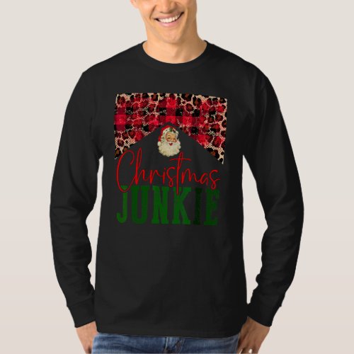 Leopard Buffalo Plaid Christmas Junkie Santa Claus T-Shirt