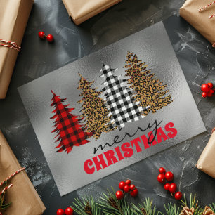 Leopard Buffalo Plaid Christmas Tree Silver Card