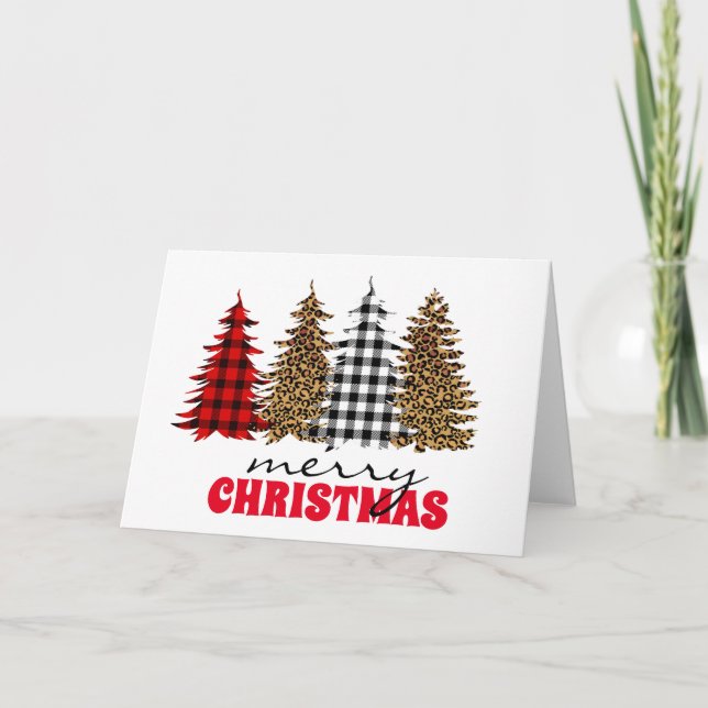 Leopard Buffalo Plaid Christmas Tree Silver  Card (Front)