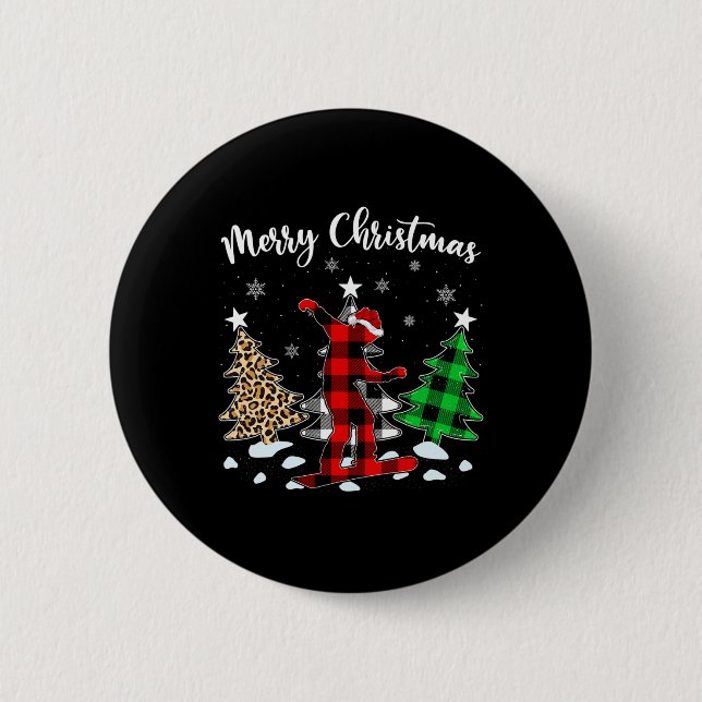 Leopard Buffalo Plaid Snowboarding Player Christma Button (Front)