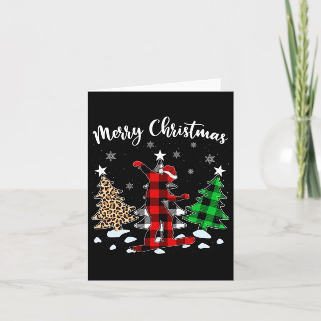 Leopard Buffalo Plaid Snowboarding Player Christma Card (Front)