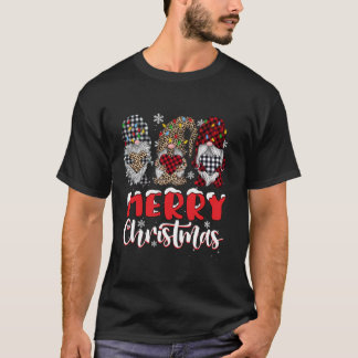 Leopard Buffalo Plaid Three Gnomes Merry Christmas T-Shirt