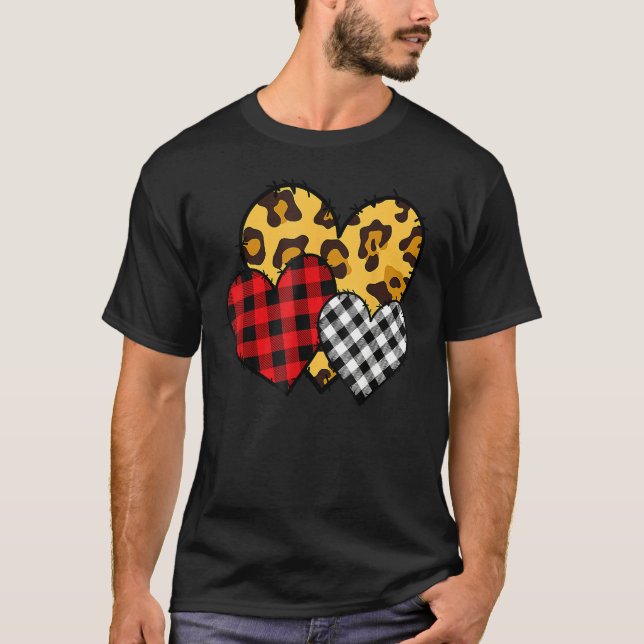 Leopard Buffalo Red Black Plaid Heart Funny Valent T-Shirt (Front)