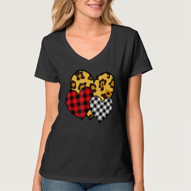 Leopard Buffalo Red Black Plaid Heart Funny Valent T-Shirt (Front)