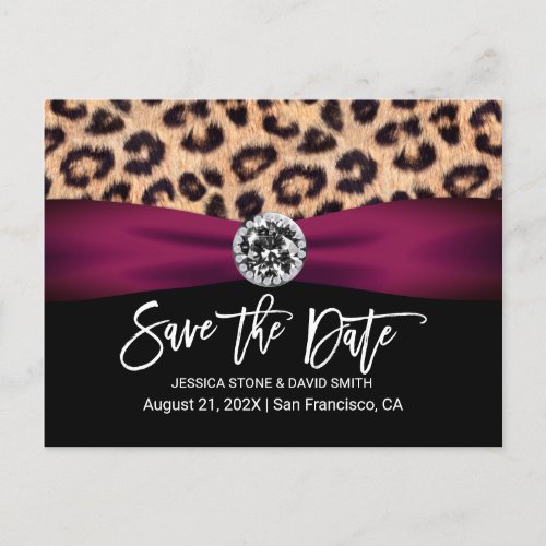 Leopard Burgundy Ribbon Elegant Wedding Announcement Postcard