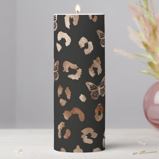Leopard Butterfly Black Pattern Pillar Candle (In Situ)