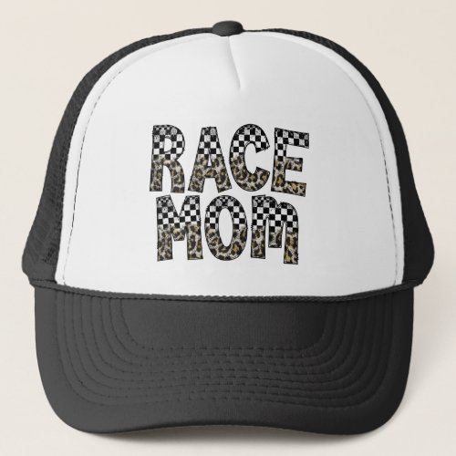 Leopard Checkered Flag Print Race Mom Trucker Hat