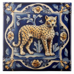Leopard Cheetah African Safari Animals Navy Blue Ceramic Tile<br><div class="desc">leopard,  cheetah,  "vintage antique",  "wild jungle animal",  "south african safari animals",  "dark navy blue brown",  "beige gold painted ceramic",  "africa wildlife",  "animal art",  "large big cat cats"</div>