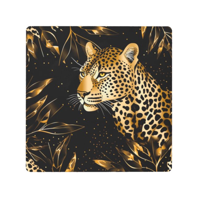 Leopard Cheetah Animal Black Gold Metal Wall Art (Front)