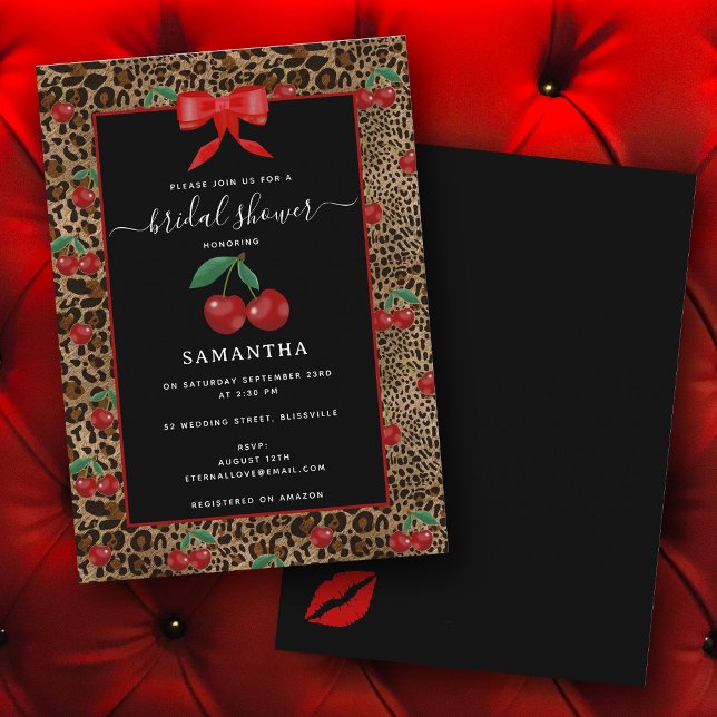 Leopard Cheetah Animal Print Cherry Bridal Shower Invitation (Leopard Cheetah Animal Print Cherry Bridal Shower Invitation)