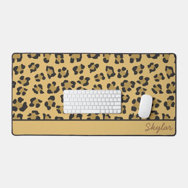 Leopard Cheetah Animal Print Custom Cursive Name Desk Mat (Keyboard & Mouse)