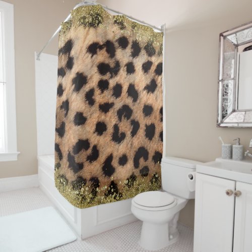 Leopard Cheetah Animal Print Gold Glitter Modern Shower Curtain