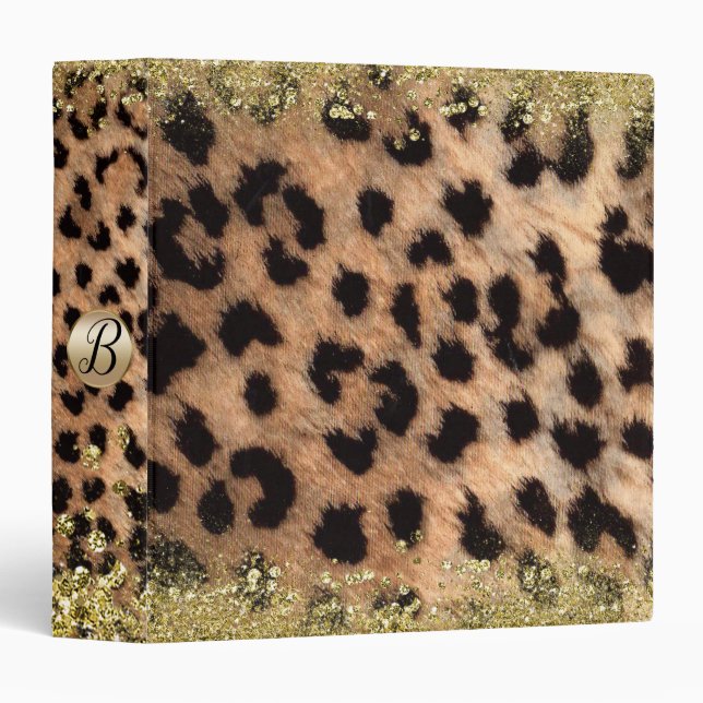 Leopard Cheetah Animal Print Gold Glitter Monogram 3 Ring Binder (Front/Spine)