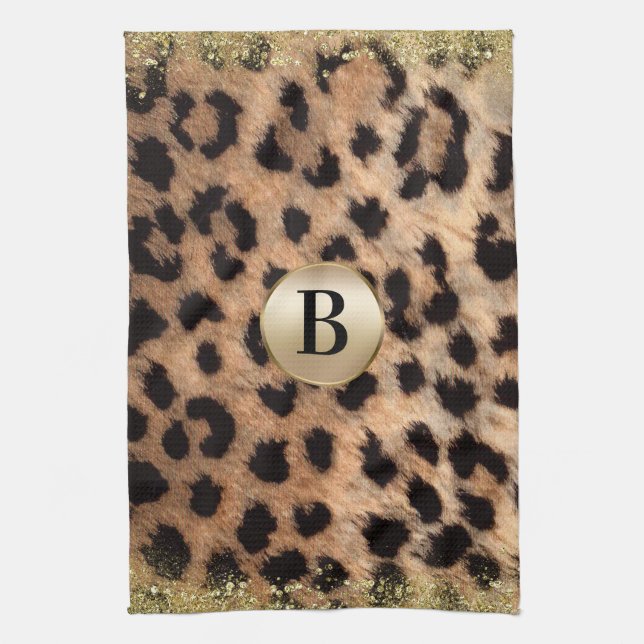 Leopard Cheetah Animal Print Gold Glitter Monogram Kitchen Towel (Vertical)