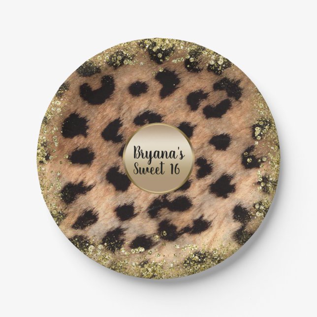 Leopard Cheetah Animal Print Gold Glitter Monogram Paper Plates (Front)