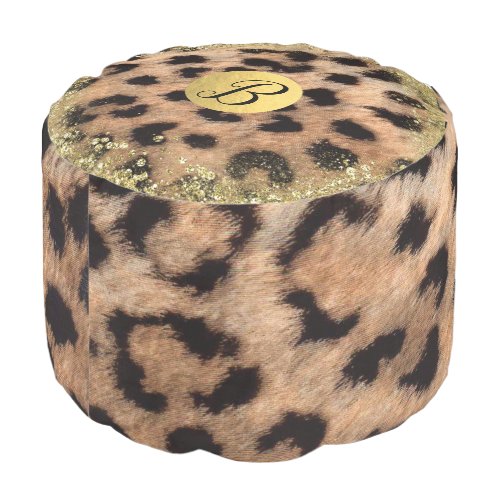 Leopard Cheetah Animal Print Gold Glitter Monogram Pouf