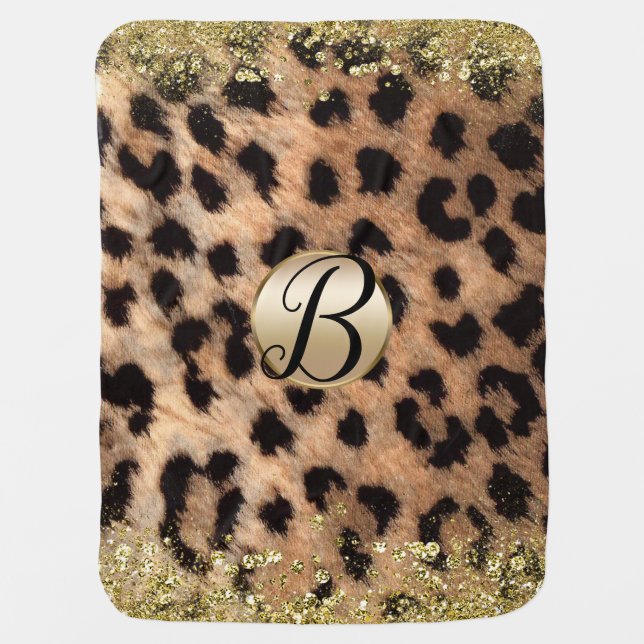 Leopard Cheetah Animal Print Gold Glitter Monogram Swaddle Blanket (Front)