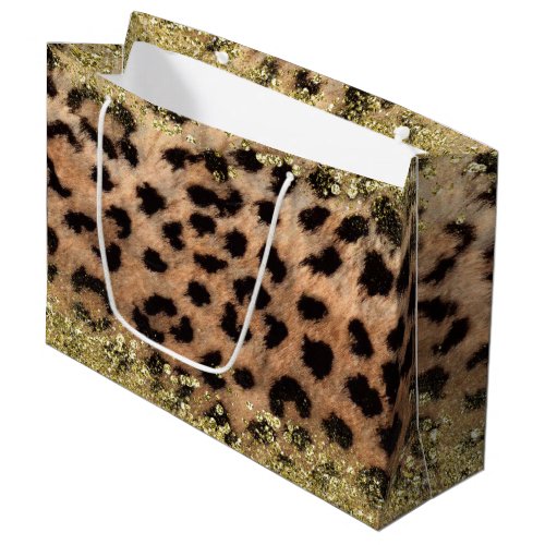 Leopard Cheetah Animal Print Gold Glitter Trendy Large Gift Bag