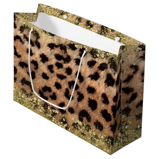 Leopard Cheetah Animal Print Gold Glitter Trendy Large Gift Bag (Front Angled)