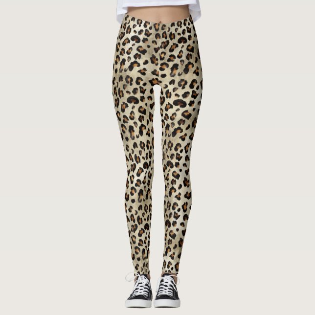 Leopard Cheetah Animal Print Pattern Beige Brown Leggings (Front)