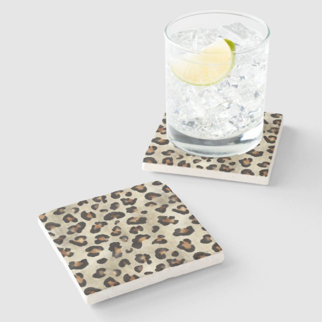 Leopard Cheetah Animal Print Pattern Beige Brown Stone Coaster (Side)