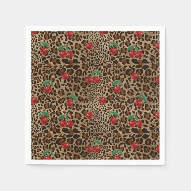 Leopard Cheetah Animal Print Red Cherries Napkins (Front)