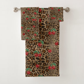 Leopard Cheetah Animal Print Red Cherry Bath Towel Set