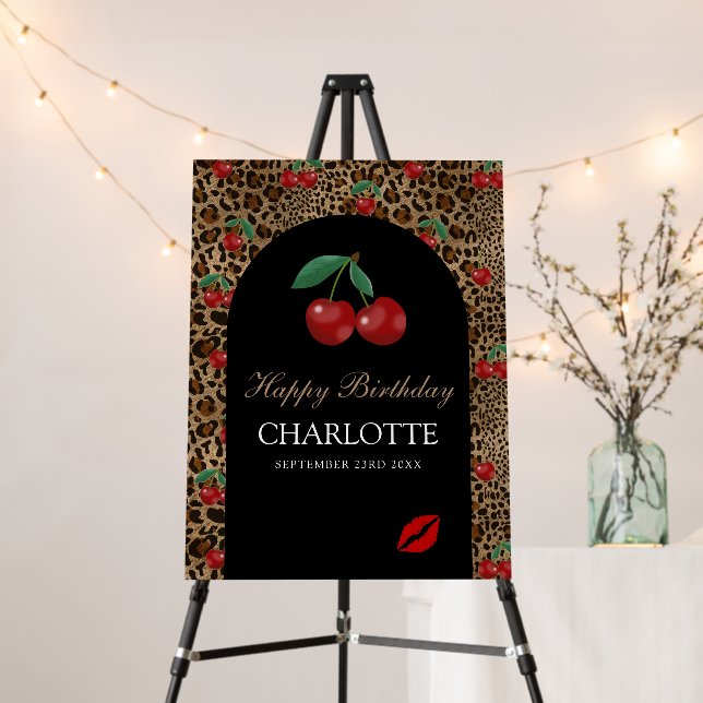 Leopard Cheetah Animal Print Red Cherry Birthday Foam Board (In Situ (Stand))