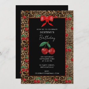 Leopard Cheetah Animal Print Red Cherry Birthday Invitation