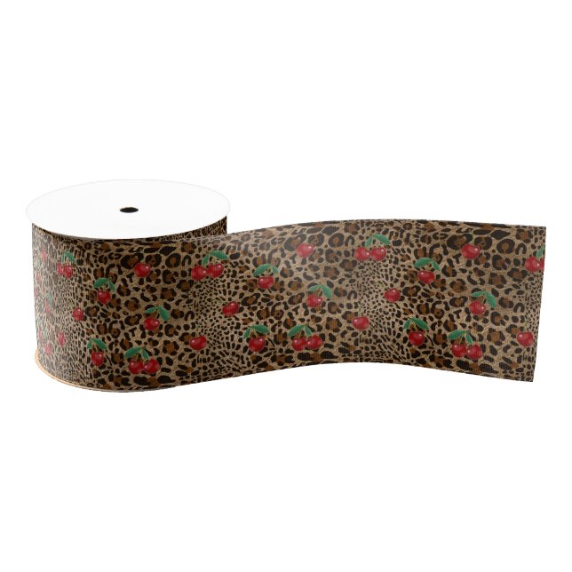 Leopard Cheetah Animal Print Red Cherry Pattern Grosgrain Ribbon (Spool)