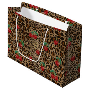 Leopard Cheetah Animal Print Red Cherry Pattern Large Gift Bag