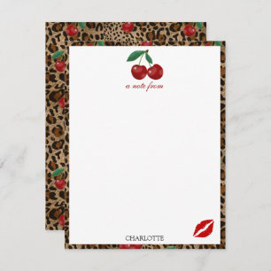 Leopard Cheetah Animal Print Red Cherry Pattern Note Card