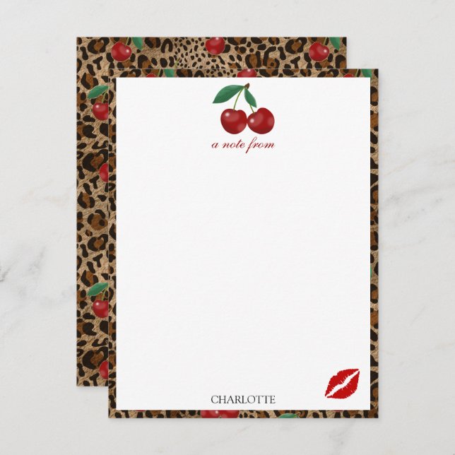 Leopard Cheetah Animal Print Red Cherry Pattern Note Card (Front/Back)