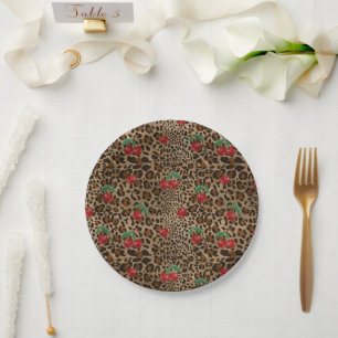 Leopard Cheetah Animal Print Red Cherry Pattern Paper Plates