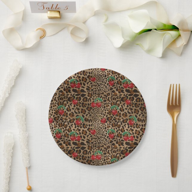 Leopard Cheetah Animal Print Red Cherry Pattern Paper Plates (Wedding)