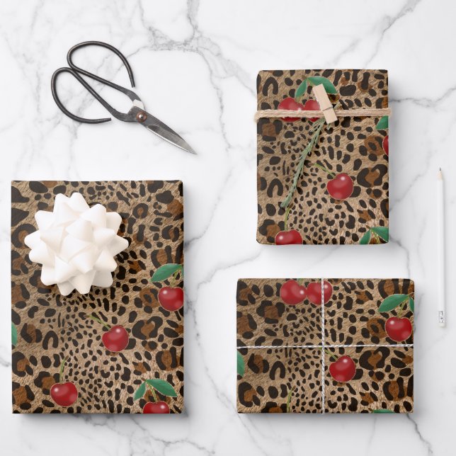 Leopard Cheetah Animal Print Red Cherry Pattern Wrapping Paper Sheets (Front)