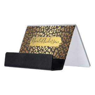 Leopard Cheetah Animal Skin Print & Gold Modern Desk Business Card Holder