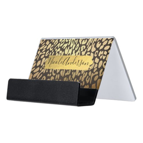 Leopard Cheetah Animal Skin Print  Gold Modern Desk Business Card Holder