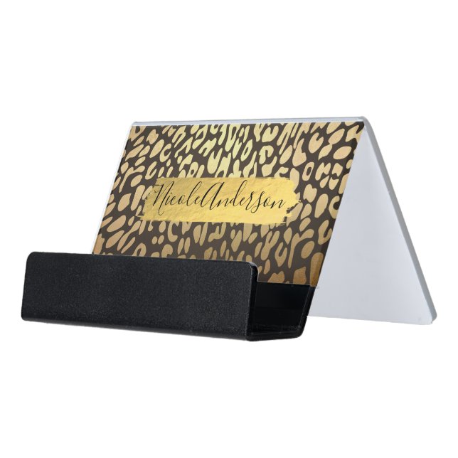 Leopard Cheetah Animal Skin Print & Gold Modern Desk Business Card Holder (Angled Front)