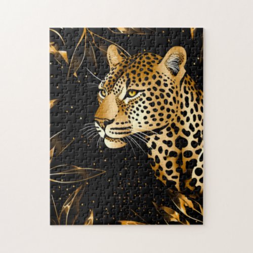 Leopard Cheetah Black Gold Jungle Safari Leaves Jigsaw Puzzle