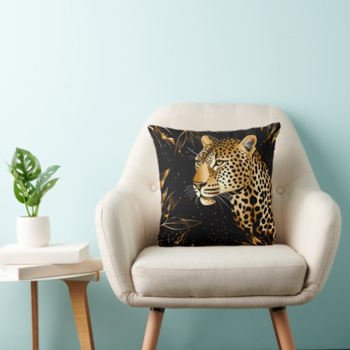 Leopard Cheetah Black Gold Jungle Safari Leaves Throw Pillow