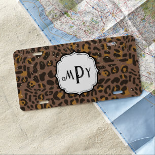 Leopard Cheetah Bronze Metallic Glitter Monogram License Plate