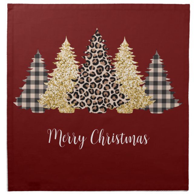 Leopard Cheetah Buffalo Plaid Christmas Trees  Cloth Napkin (Front)