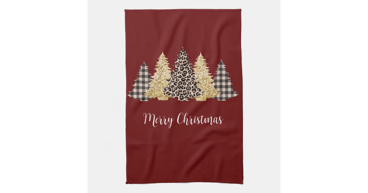 Personalized Christmas Tree Kitchen Towel, Buffalo Plaid Leopard