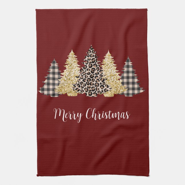 Leopard Cheetah Buffalo Plaid Christmas Trees Kitchen Towel (Vertical)