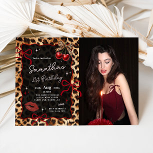 Leopard Cheetah Cherries Birthday Photo Invitation