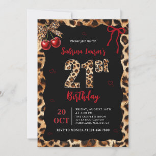Leopard Cheetah Cherry 21st Birthday Invitation