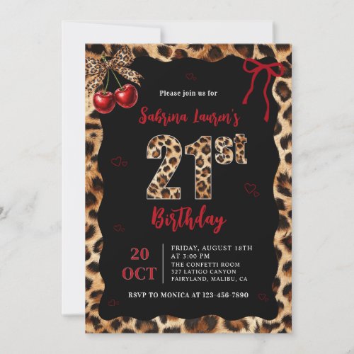 Leopard Cheetah Cherry 21st Birthday Invitation